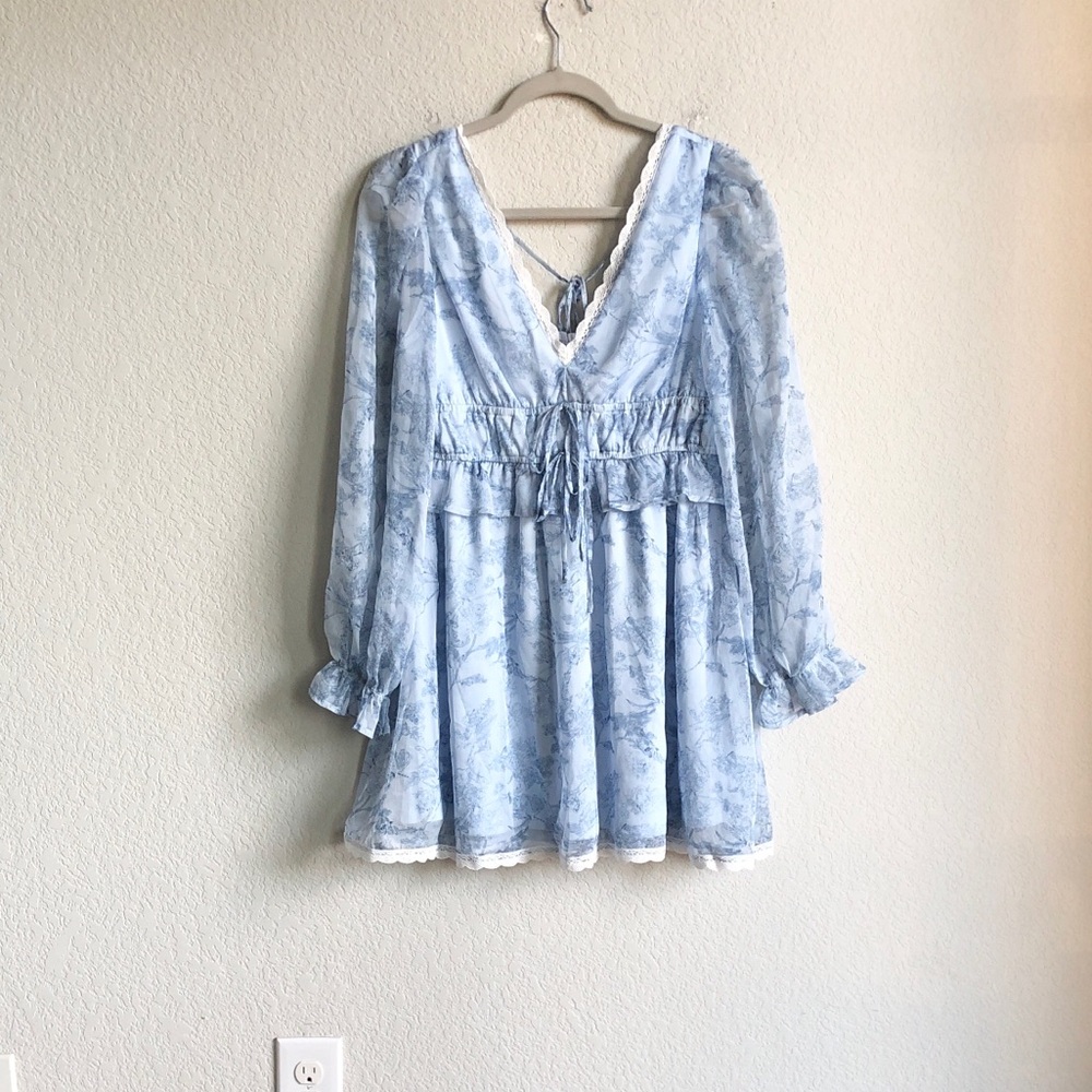 NWT Altar’d State Blue Floral Long Sleeve Mini Dress Chiffon Fairycore Whimsical